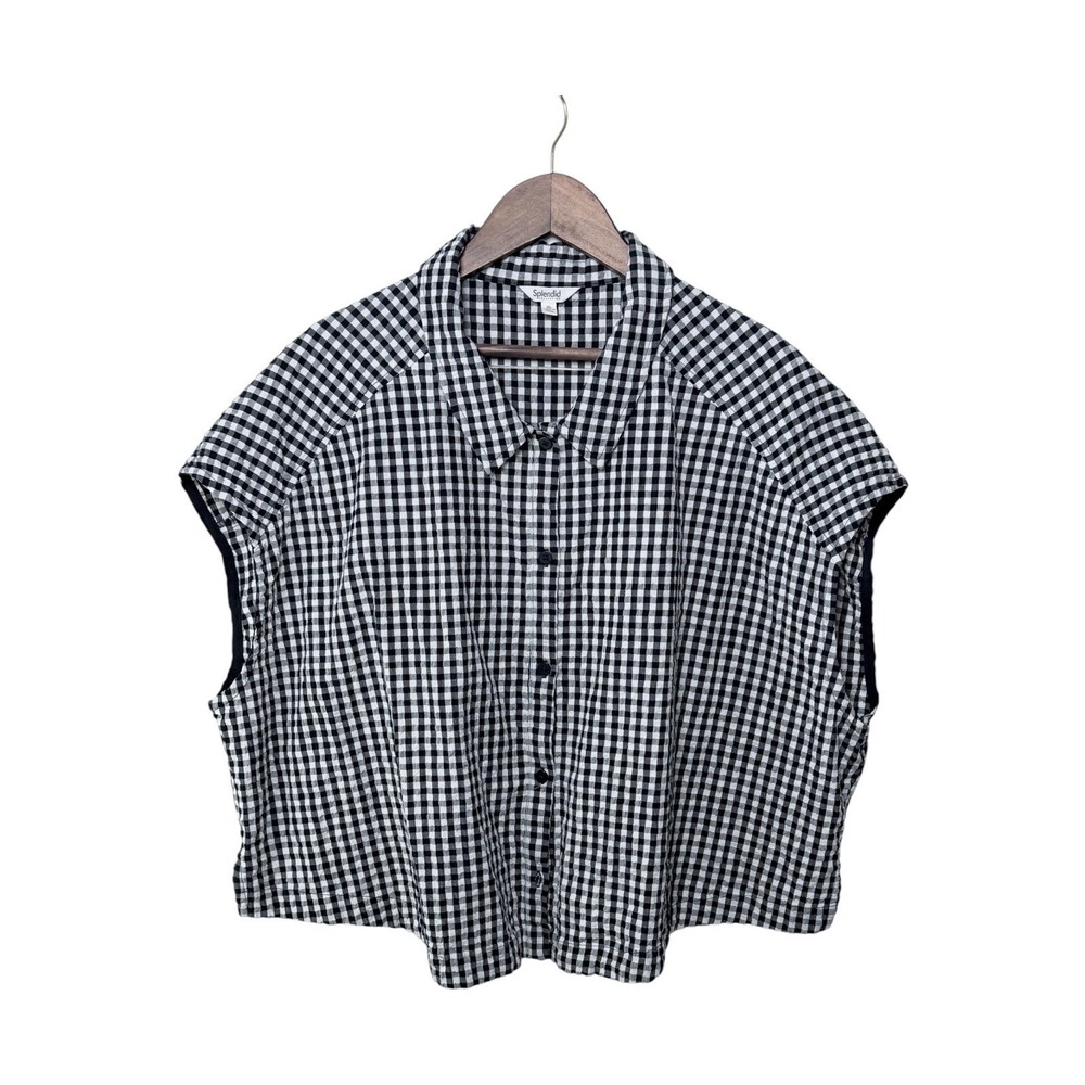 Splendid Gingham Button Down Top Womens XL Black White Cap Sleeve Boxy Fit